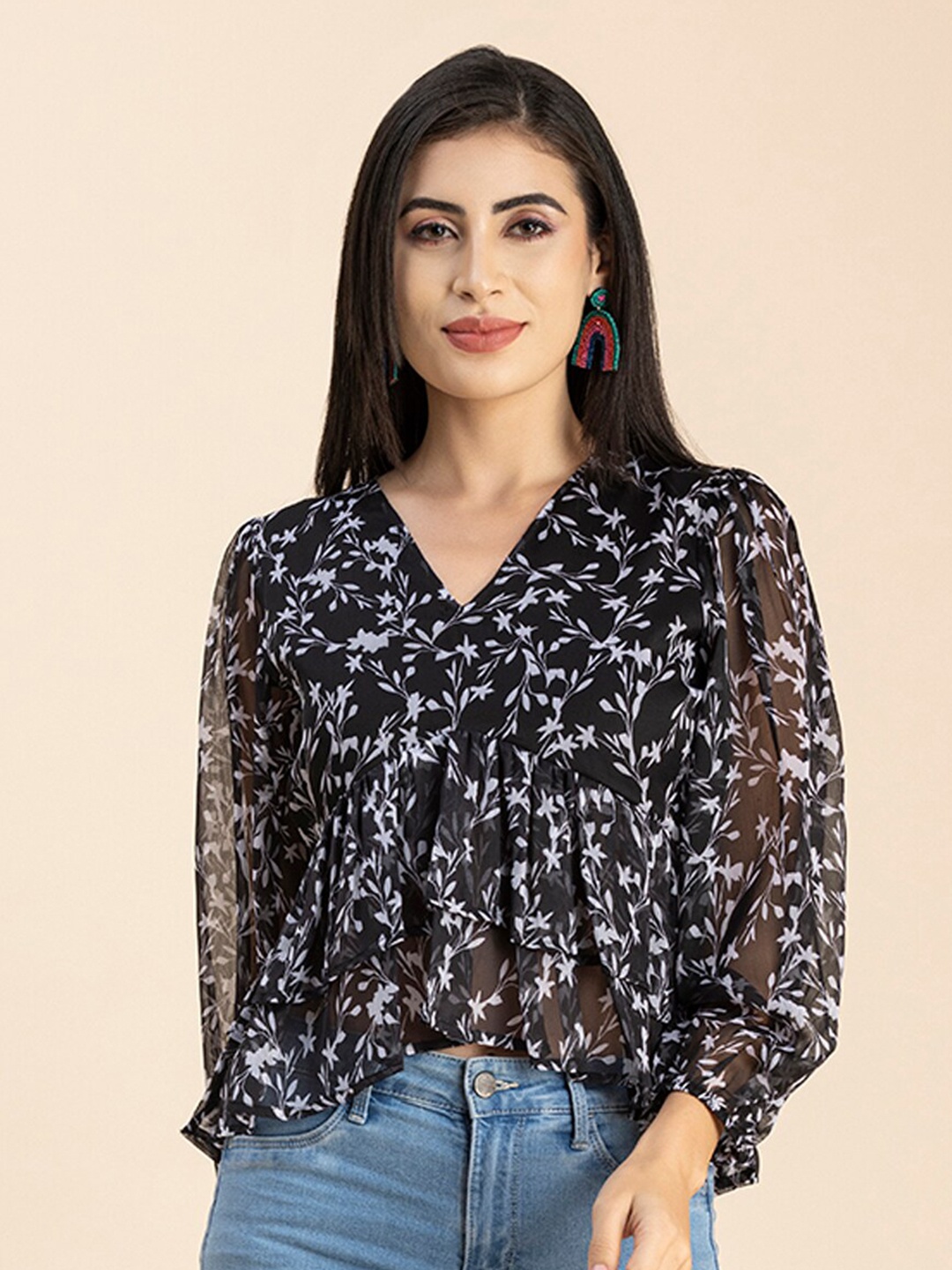 

Moomaya Floral Printed Chiffon Empire Crop Top, Black