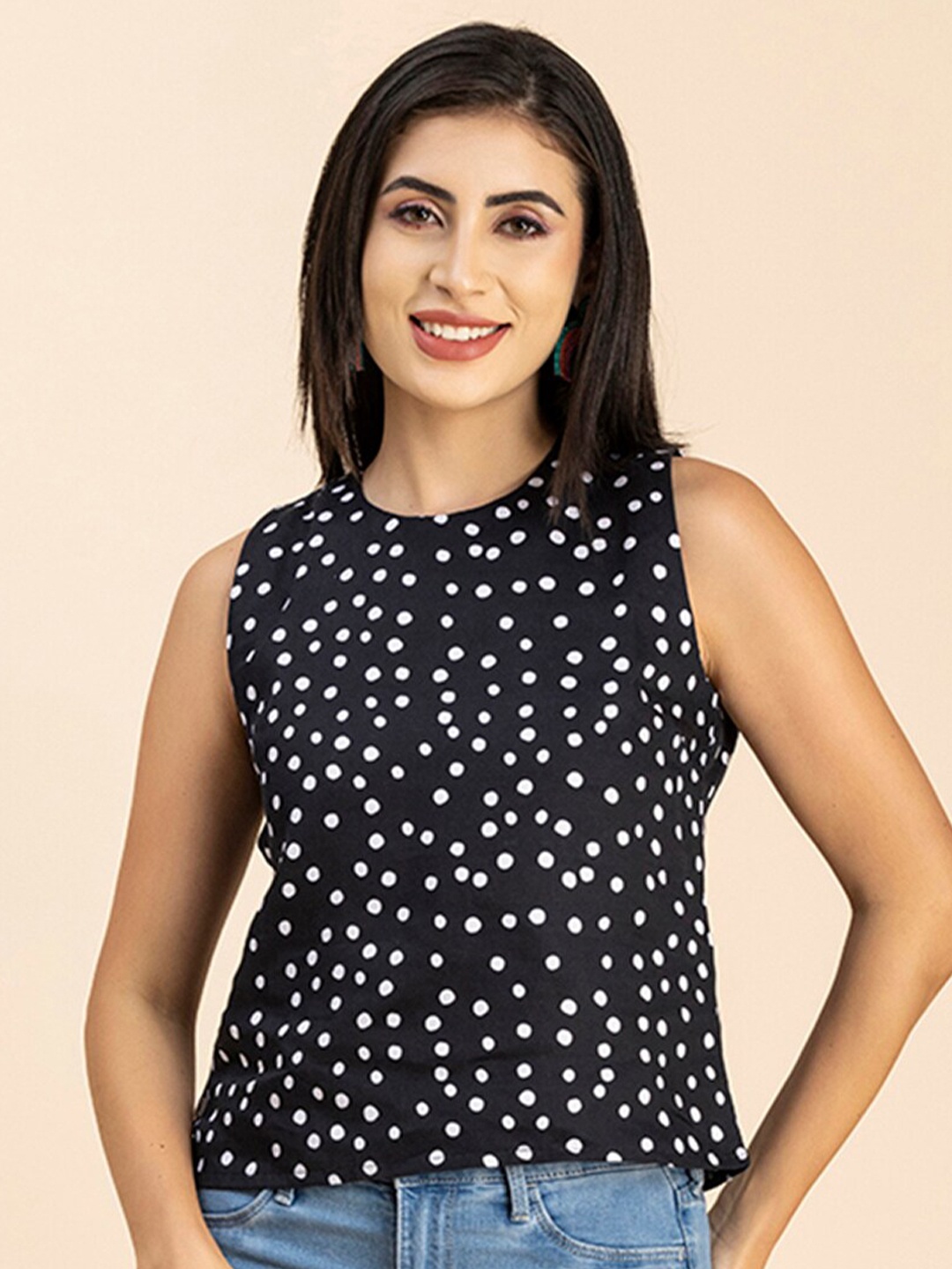 

Moomaya Polka Dot Printed Sleeveless Top, Black