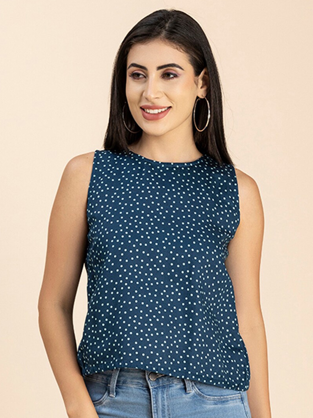 

Moomaya Polka Dots Printed Sleeveless A-Line Top, Teal