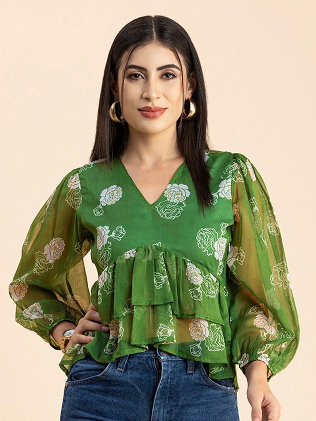 

Moomaya Floral Printed V-Neck Puff Sleeves Layered Empire Top, Green