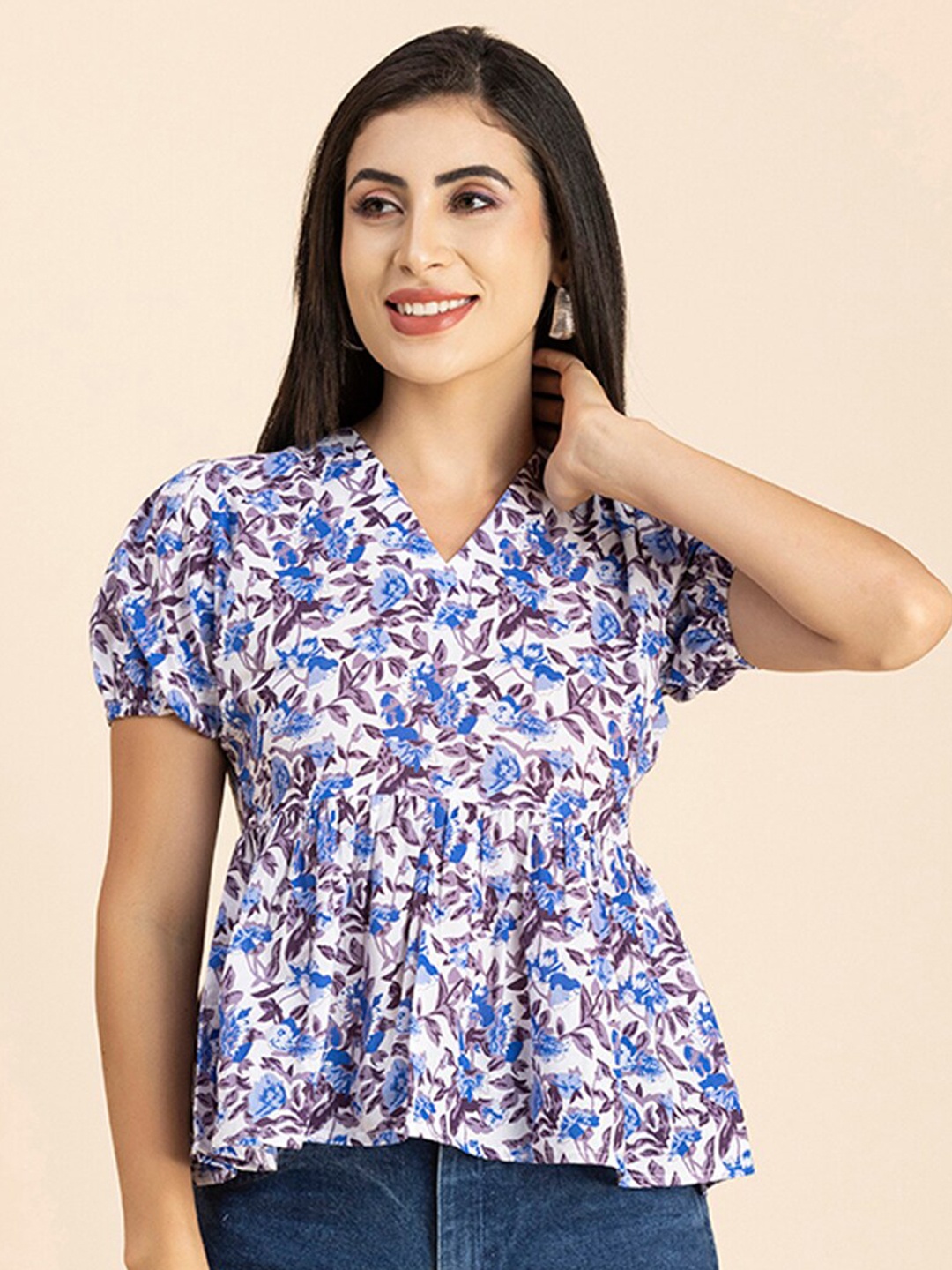 

Moomaya Floral Printed V-Neck Puff Sleeves Cotton Peplum Top, White