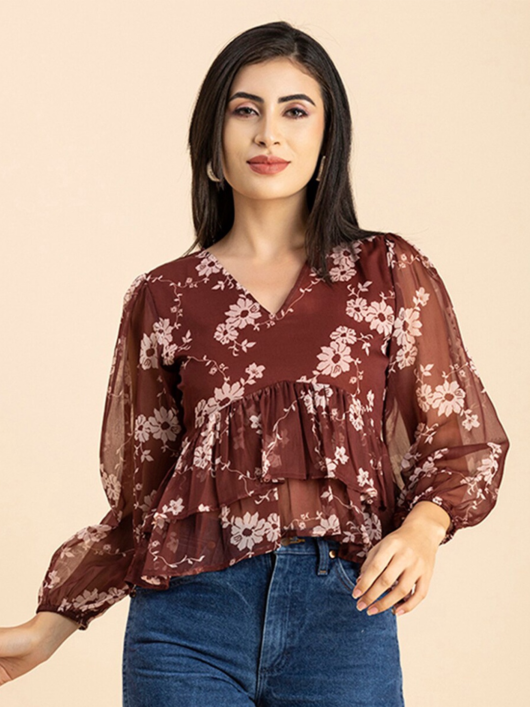 

Moomaya Floral Printed V-Neck Empire Chiffon Top, Brown