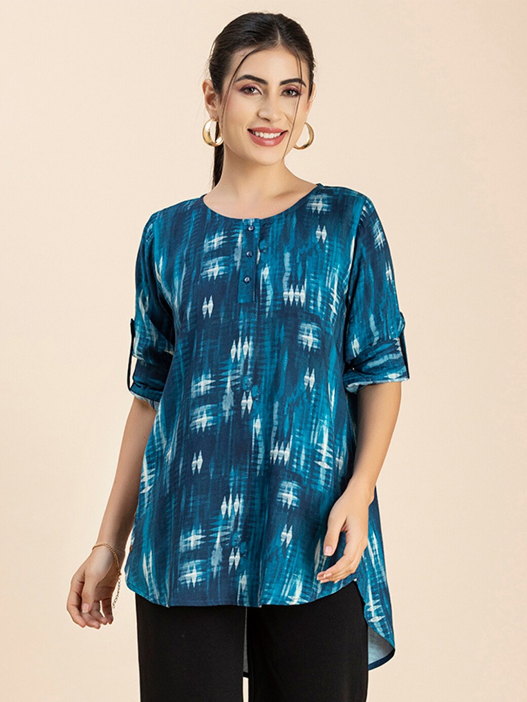 

Moomaya Abstract Printed Roll-Up Sleeves A-Line Top, Teal