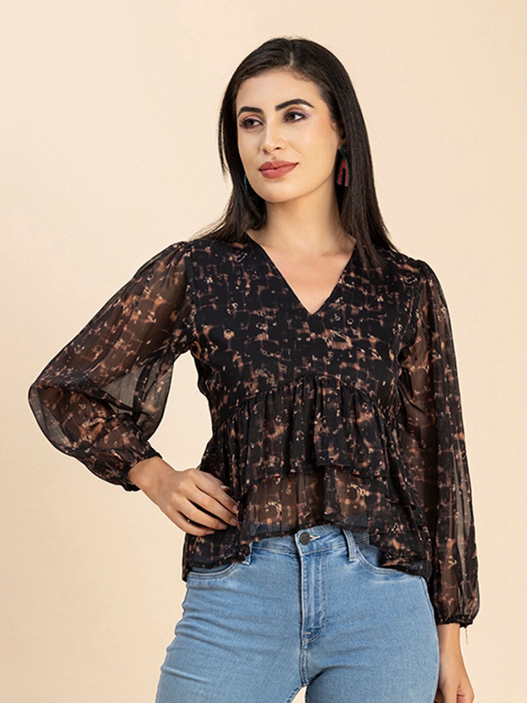 

Moomaya Abstract Printed V-Neck Empire Chiffon Top, Black