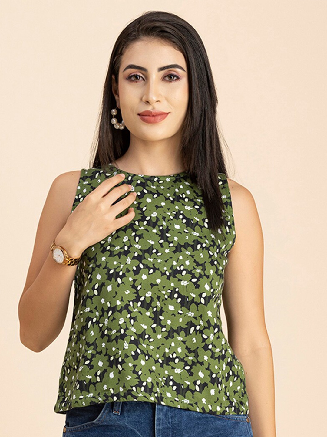 

Moomaya Floral Printed Cotton Styled Back Top, Olive