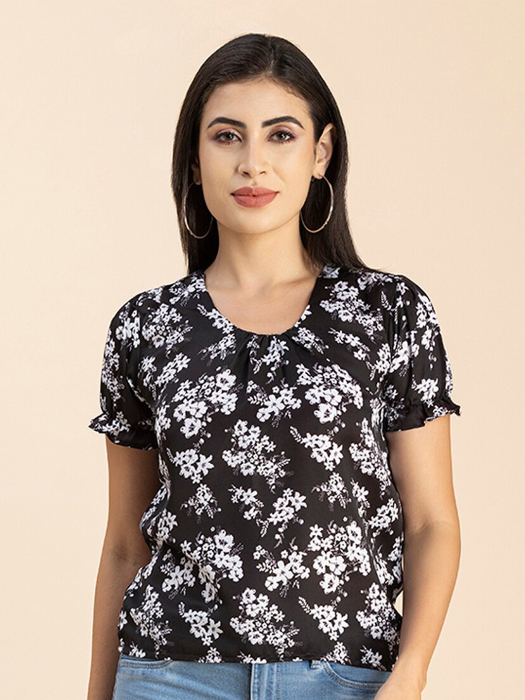 

Moomaya Floral Printed Puff Sleeves Top, Black