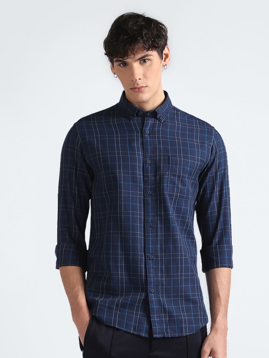 

Flying Machine Checked Cotton Opaque Casual Shirt, Navy blue