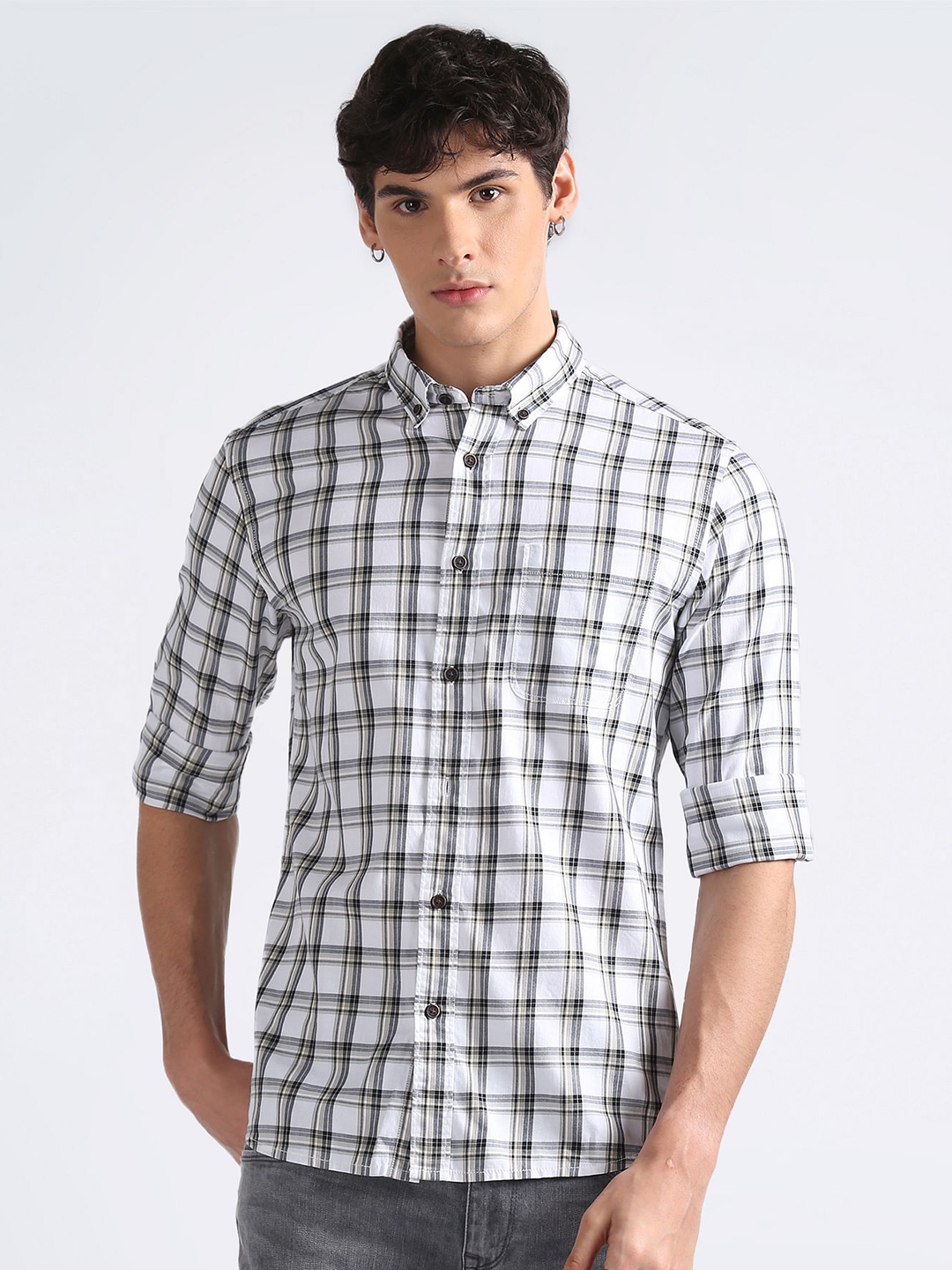 

Flying Machine Button-Down Collar Tartan Checked Twill Casual Pure Cotton Shirt, White