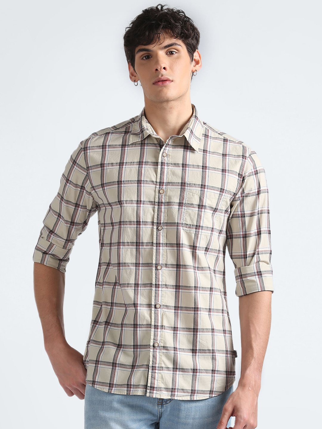 

Flying Machine Spread Collar Tartan Checked Twill Casual Pure Cotton Shirt, Beige