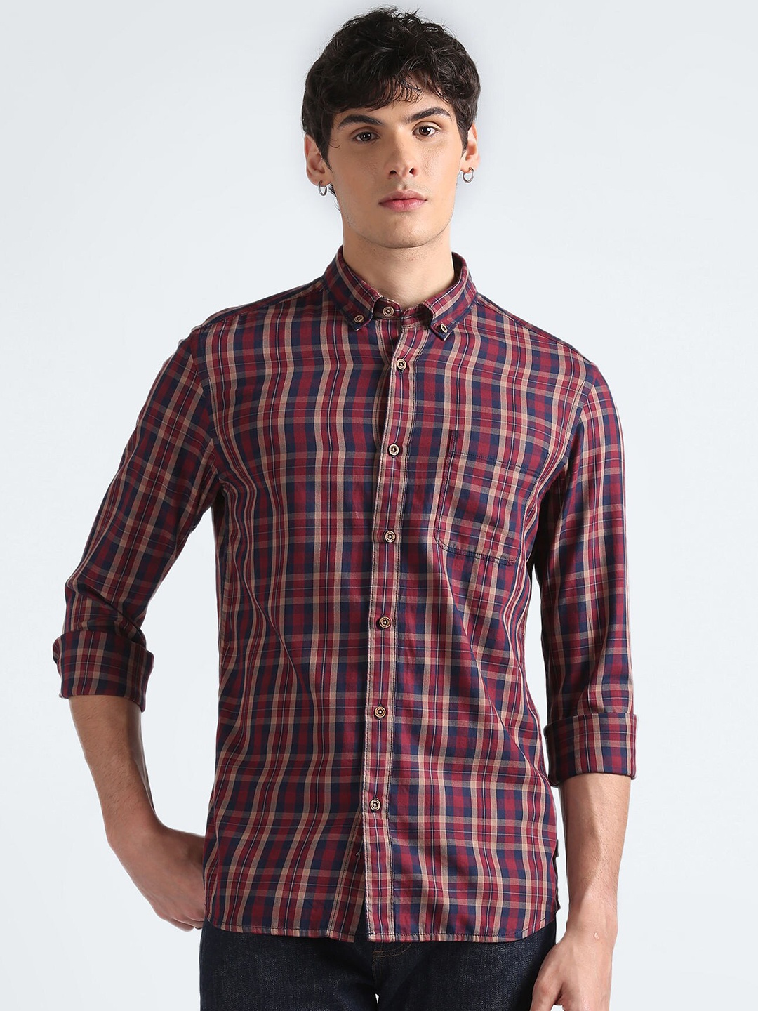 

Flying Machine Tartan Checked Cotton Button-Down Collar Opaque Casual Shirt, Maroon