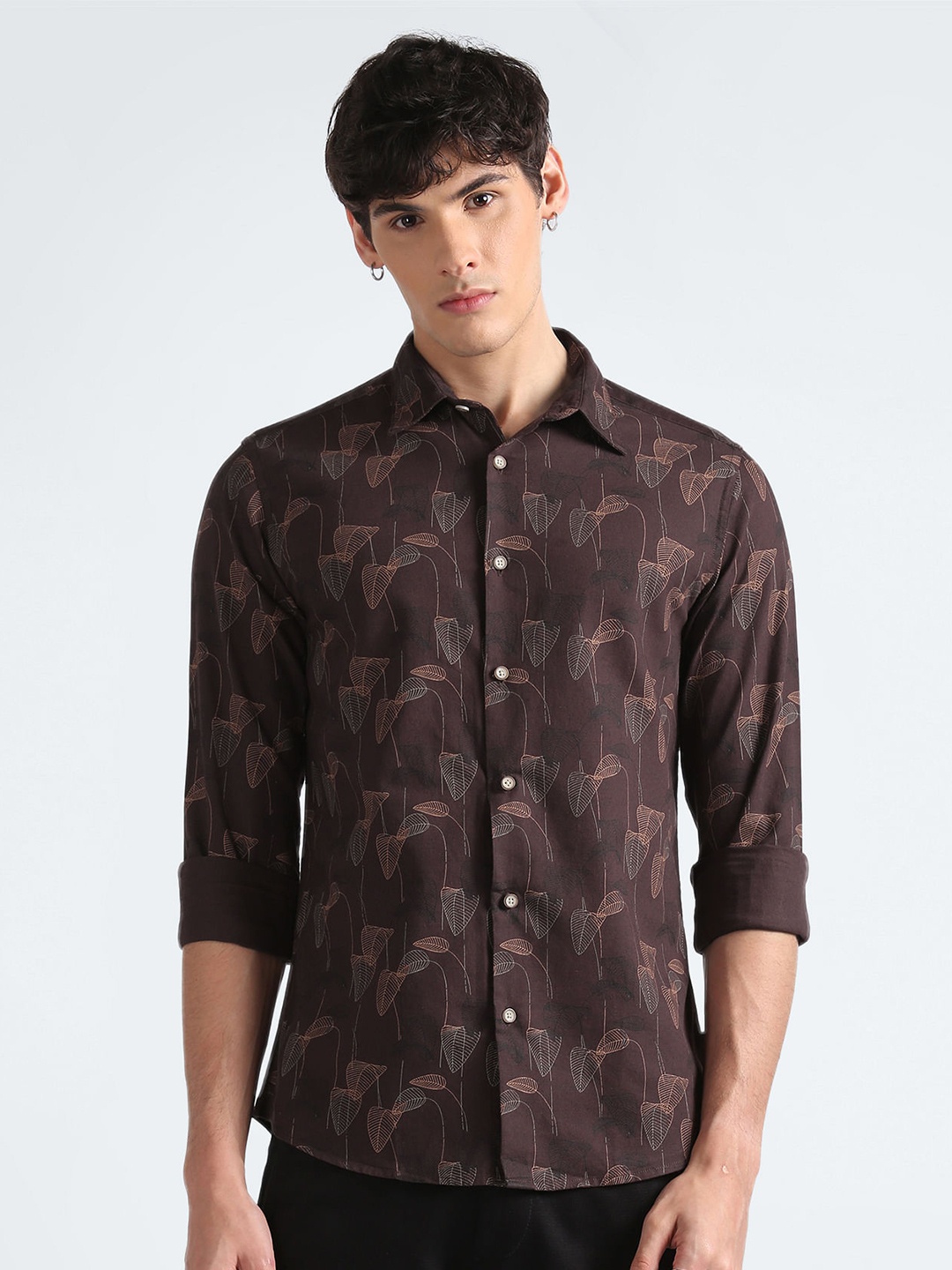 

Flying Machine Spread Collar Floral Printed Casual Pure Cotton Shirt, Brown