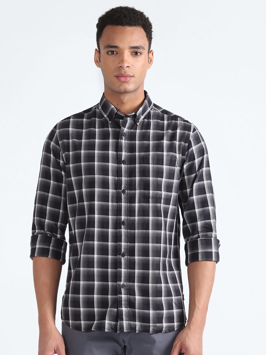 

Flying Machine Tartan Checked Cotton Slim Fit Opaque Casual Shirt, Navy blue