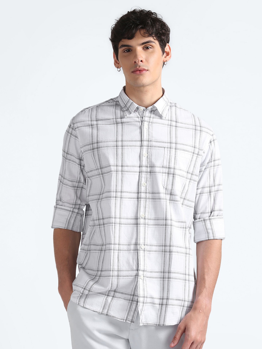 

Flying Machine Windowpane Checked Opaque Regular Fit Cotton Casual Shirt, White