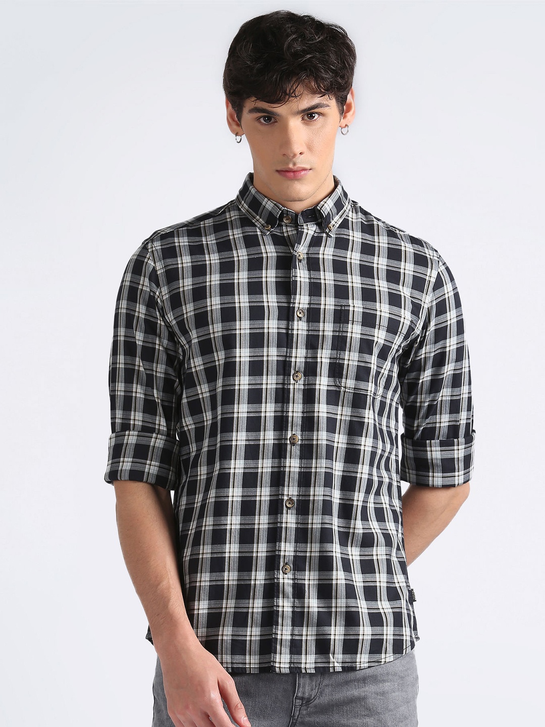 

Flying Machine Button-Down Collar Tartan Checked Twill Casual Pure Cotton Shirt, Black