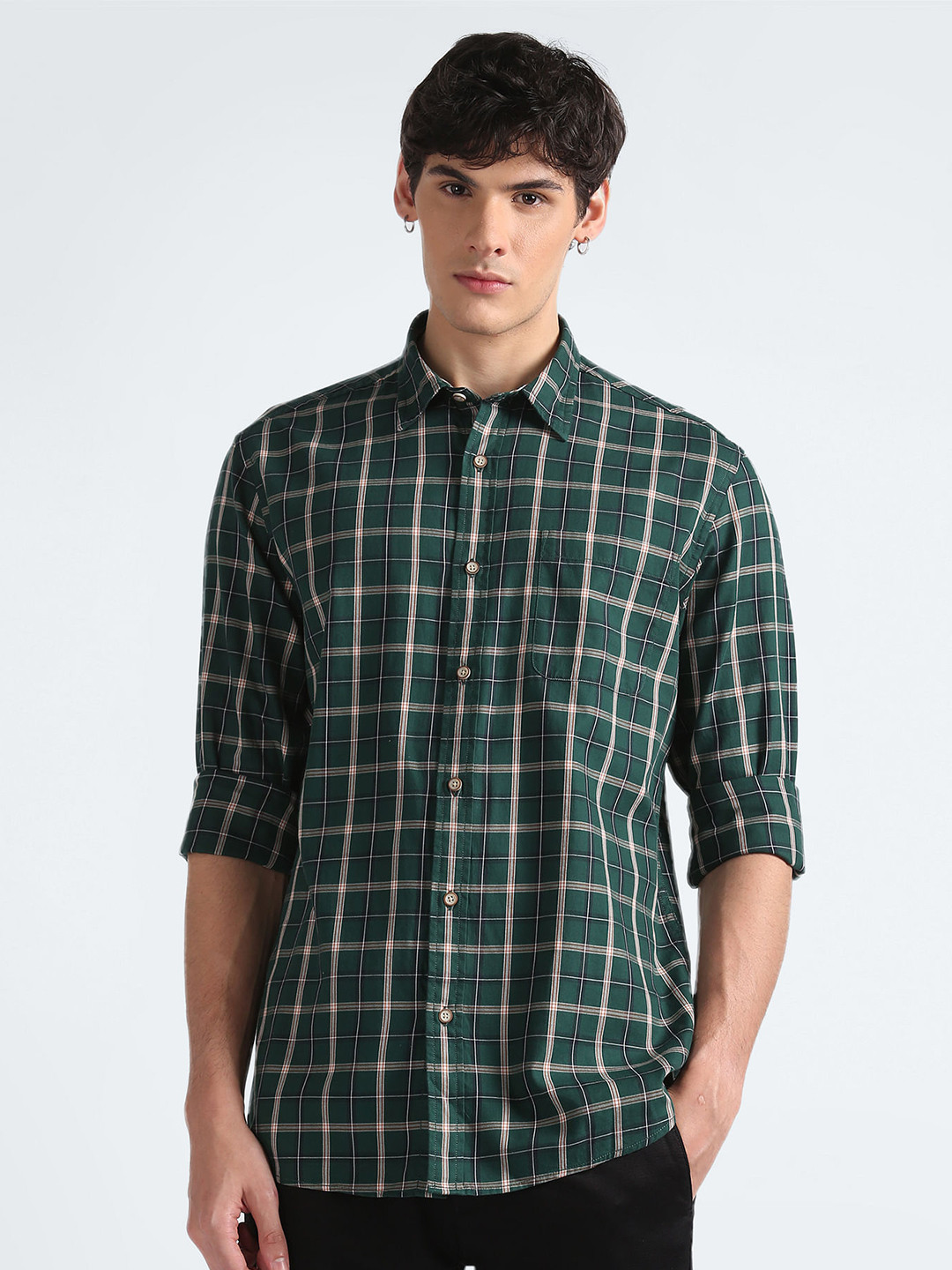 

Flying Machine Tartan Checked Opaque Regular Fit Cotton Casual Shirt, Green