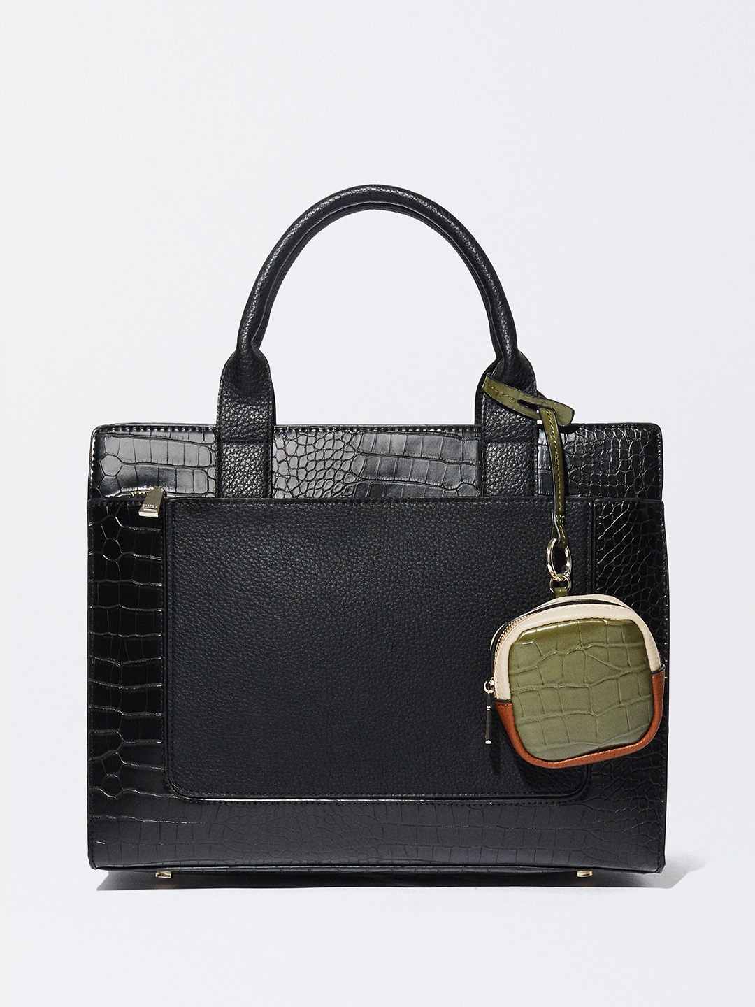 

PARFOIS Women Croc Textured Structured Handheld Bag with Pouch, Black