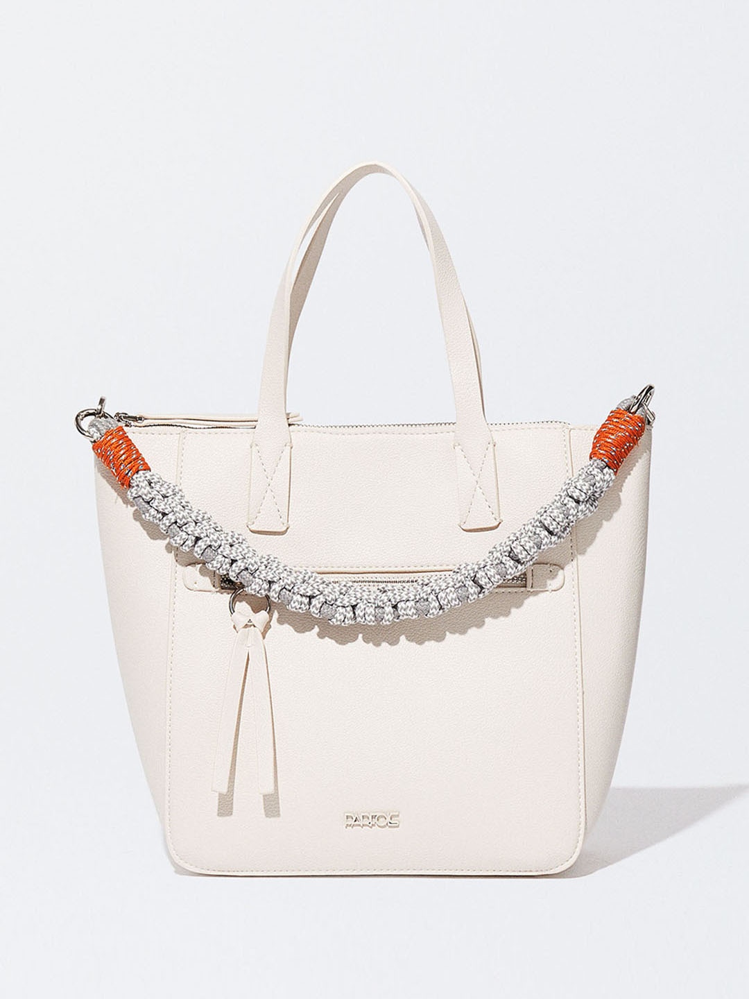 

PARFOIS Women Flat-Grain Textured Braided Detail Handheld Bag, Off white