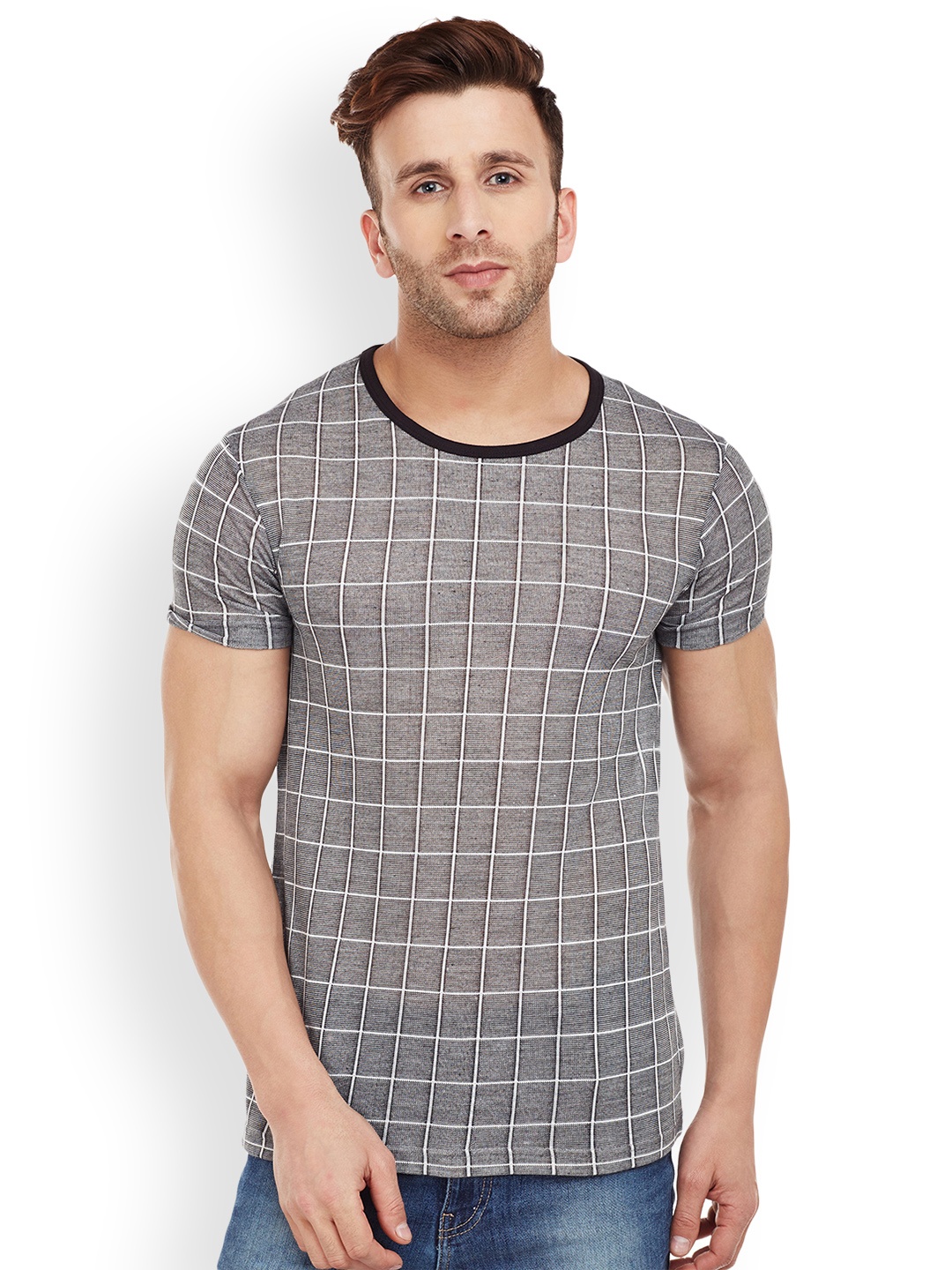 

VIMAL Men Grey Checked Round Neck T-shirt