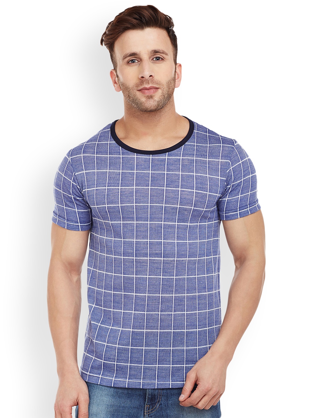 

VIMAL Men Blue Checked Round Neck T-shirt