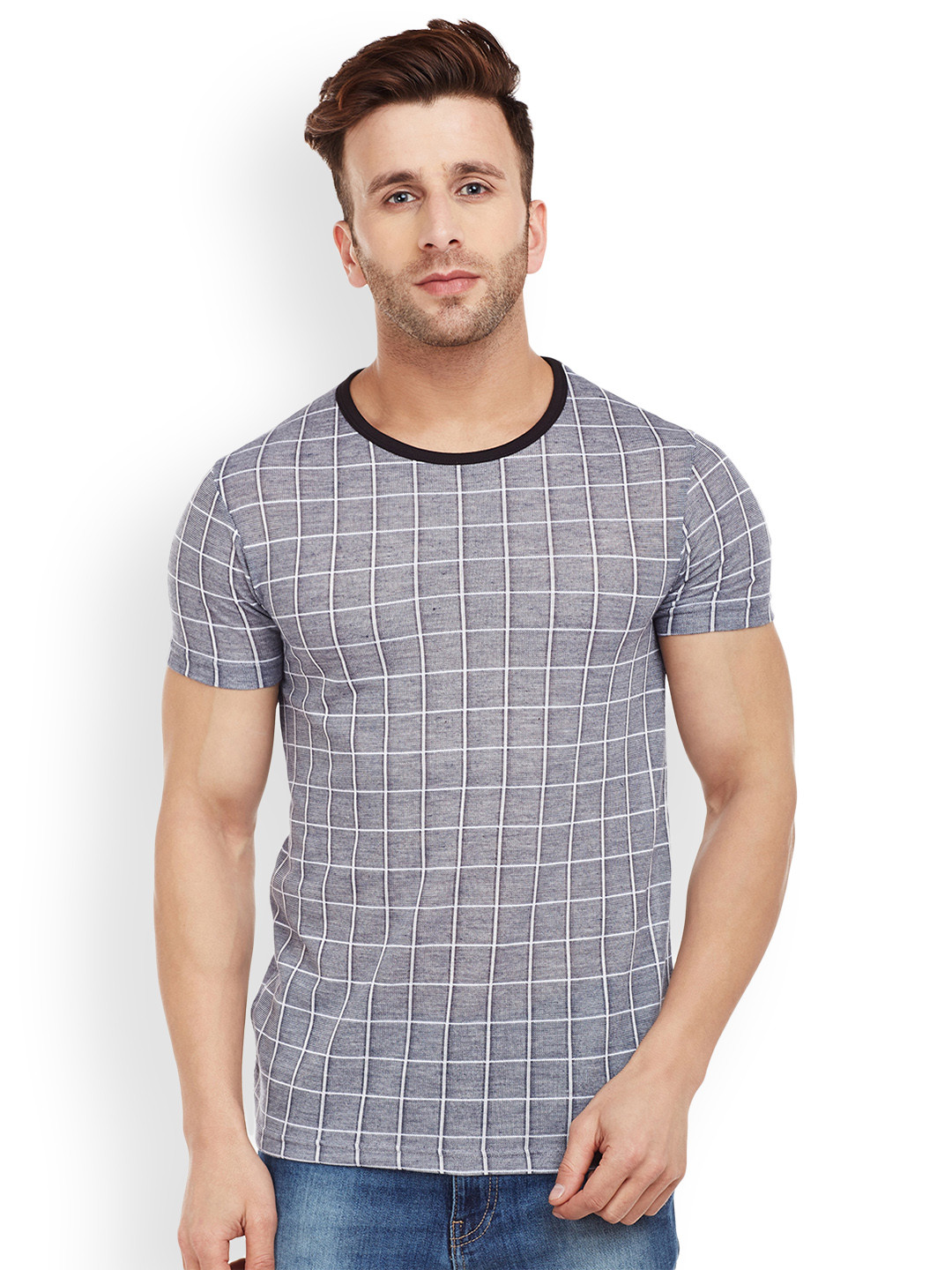 

VIMAL Men Grey Checked Round Neck T-shirt