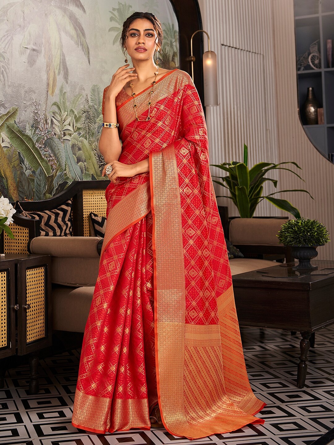 

Satrani Red & Gold-Toned Ethnic Motifs Printed Zari Bandhani Saree