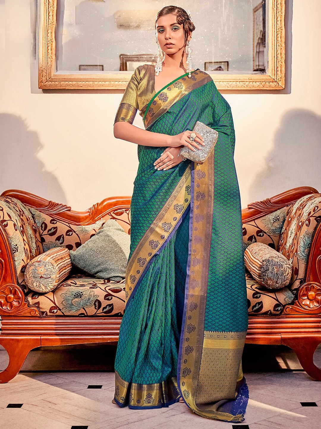 

Satrani Woven Design Zari Silk Cotton Saree, Teal