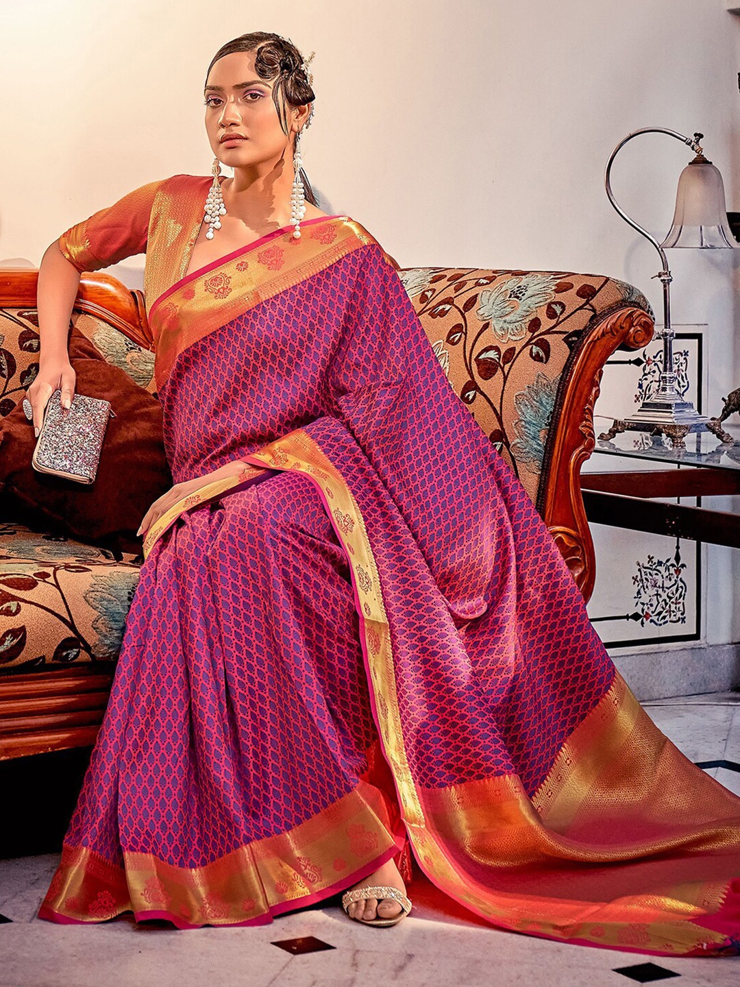 

Satrani Pink & Blue Ethnic Motifs Woven Design Zari Silk Cotton Jacquard Saree