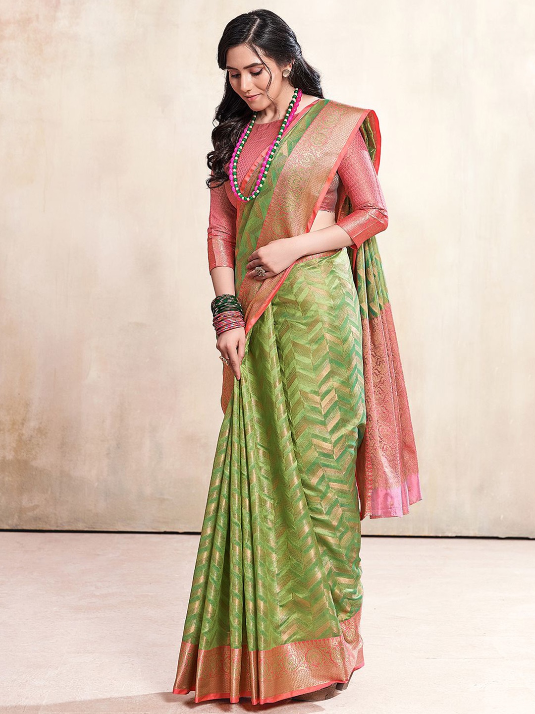 

Satrani Woven Design Jacquard Zari Saree, Green