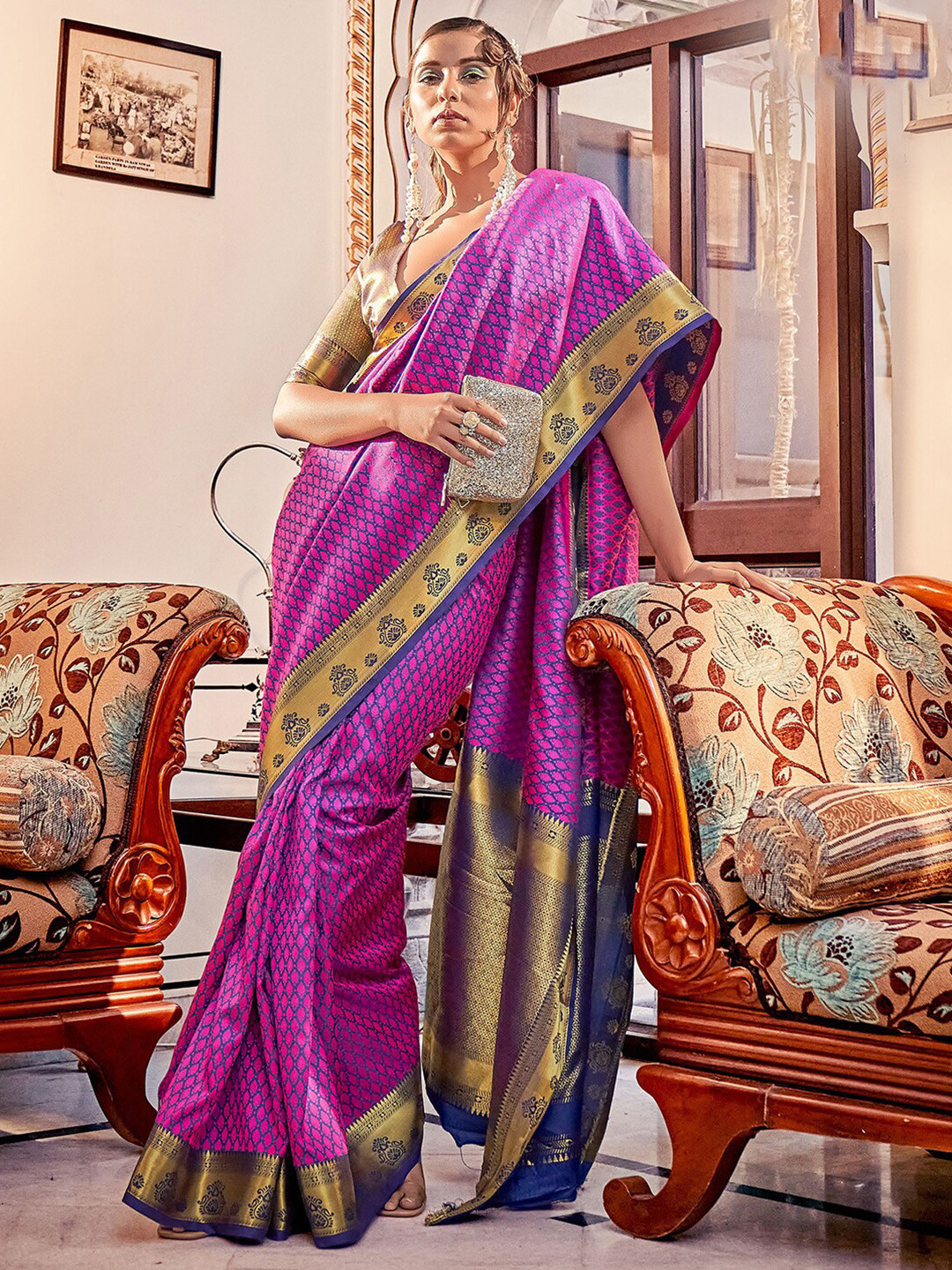 

Satrani Purple & Blue Ethnic Motifs Woven Design Zari Silk Cotton Jacquard Saree