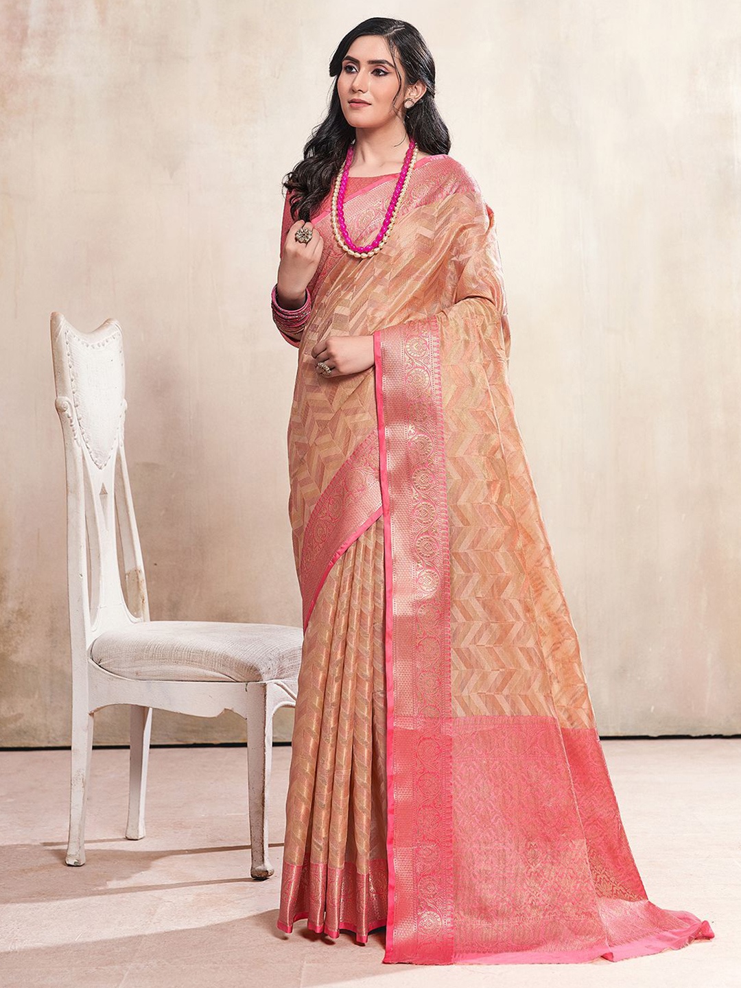 

Satrani Ethnic Motifs Woven Design Zari Fusion Saree, Beige