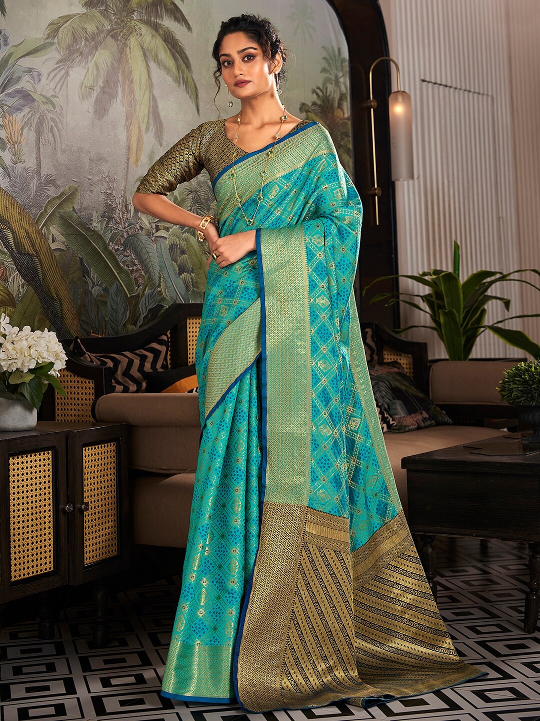 

Satrani Bandhani Woven Design Zari Art Silk Saree, Teal
