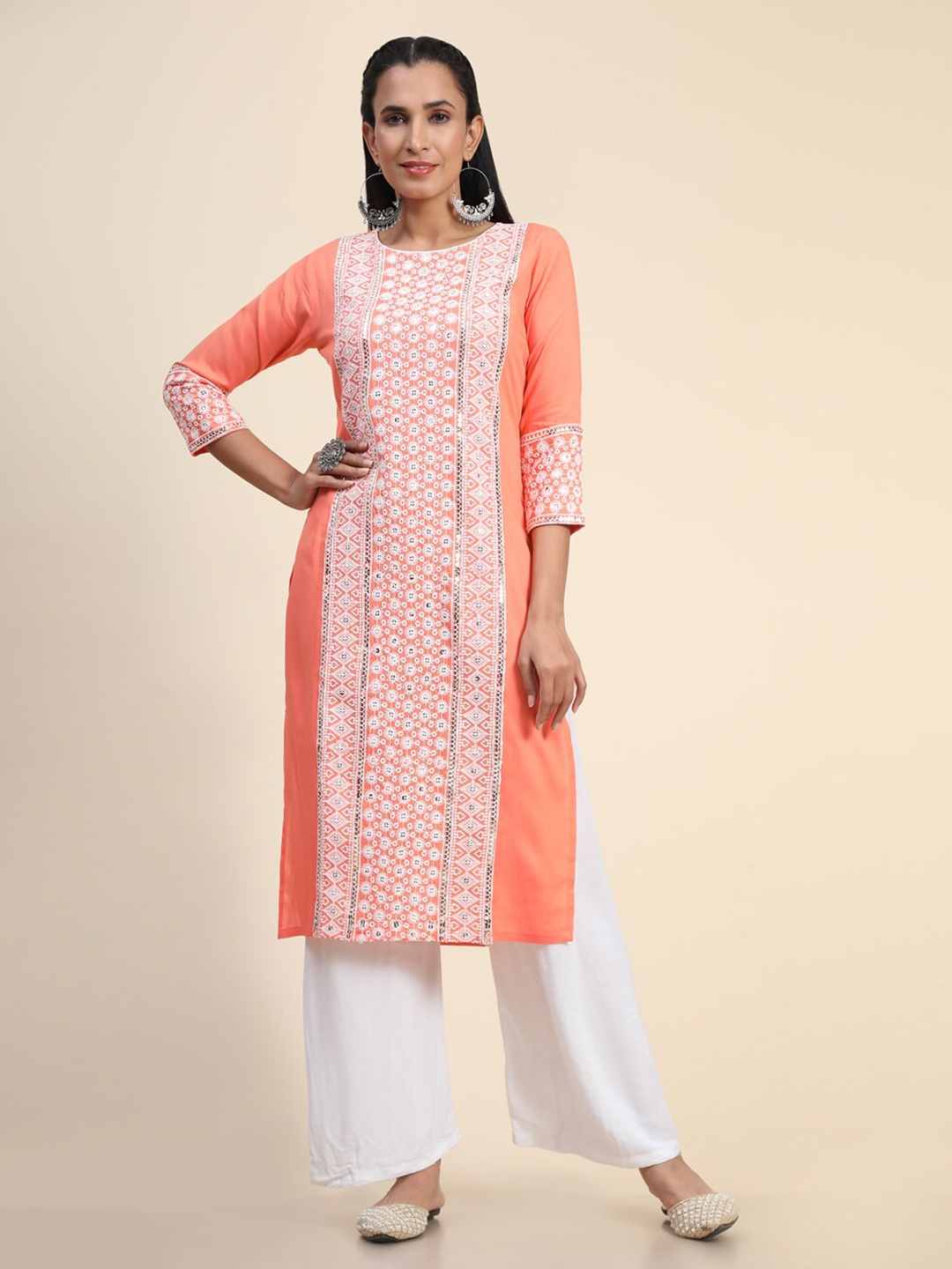 

Growish Ethnic Motifs Embroidered Sequined Kurta, Orange