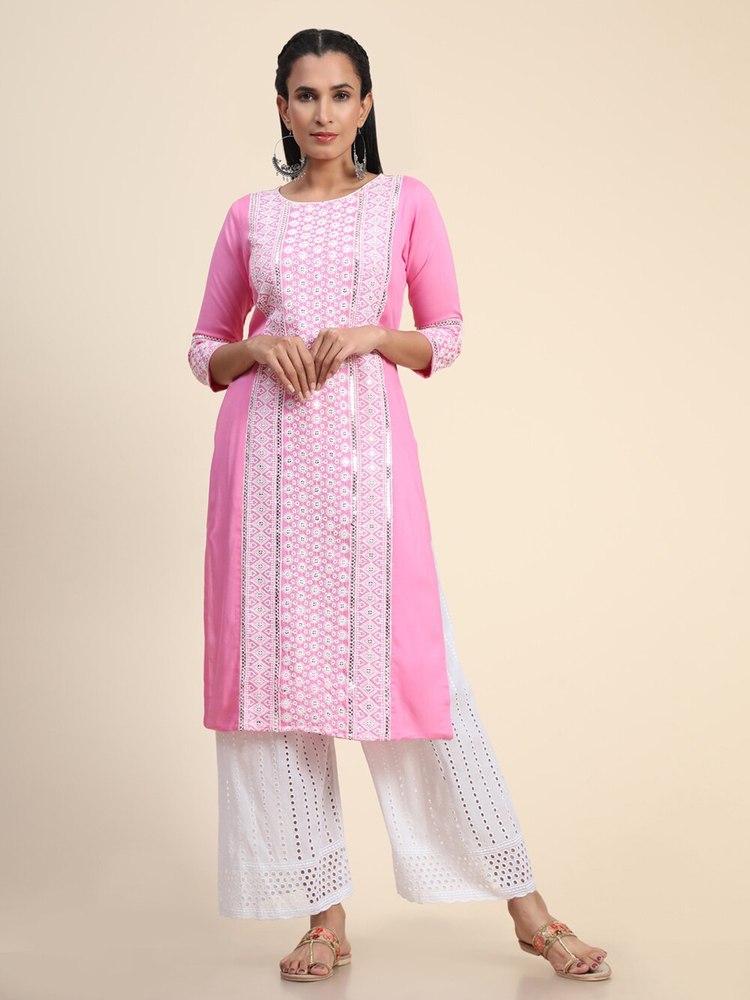 

Growish Ethnic Motifs Embroidered Sequined Kurta, Pink