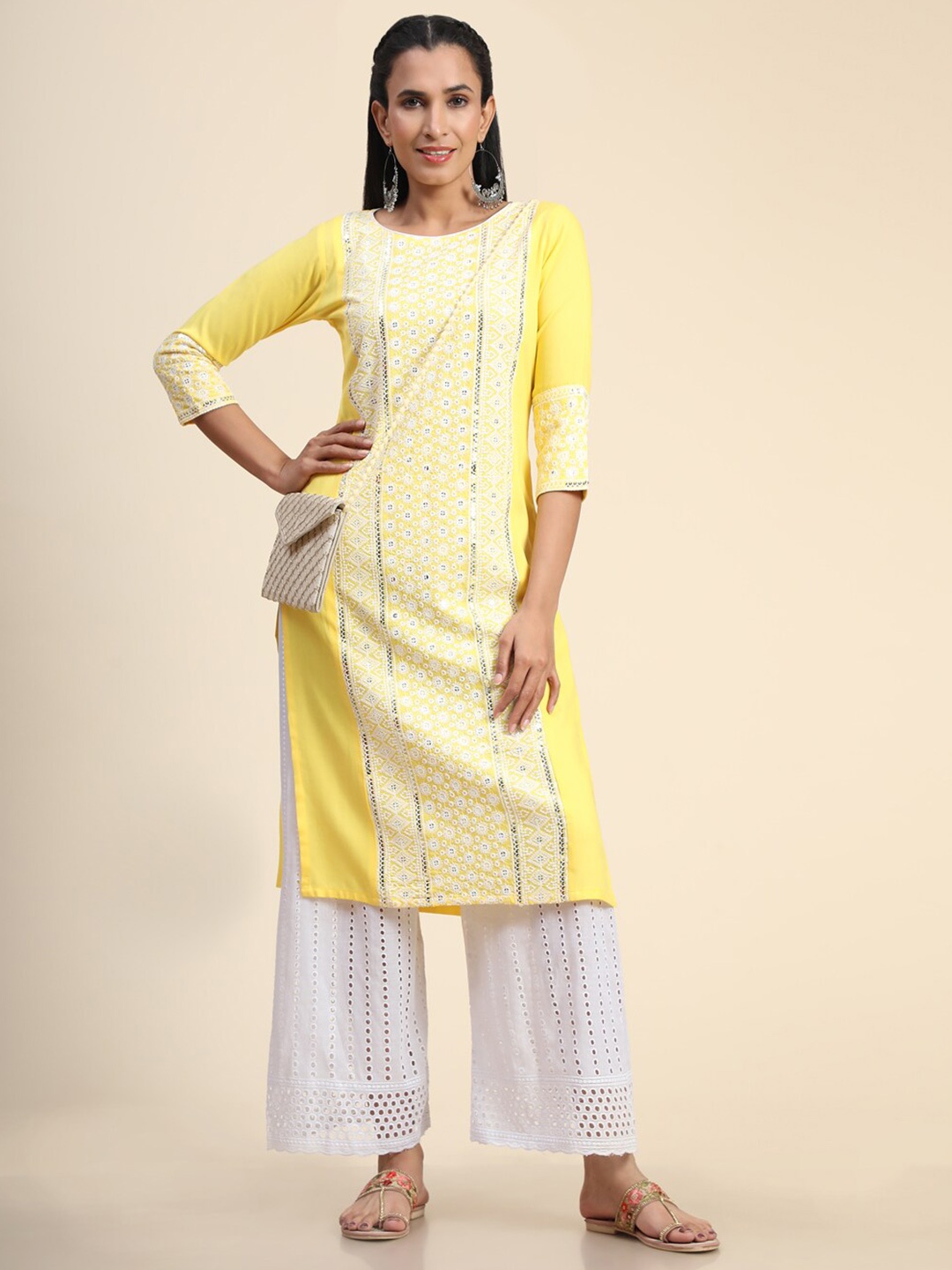 

Growish Floral Embroidered Sequins Detail Straight Kurta, Yellow