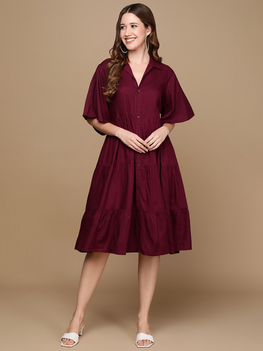 

Senyora V-Neck Flared Sleeve A-Line Dress, Maroon