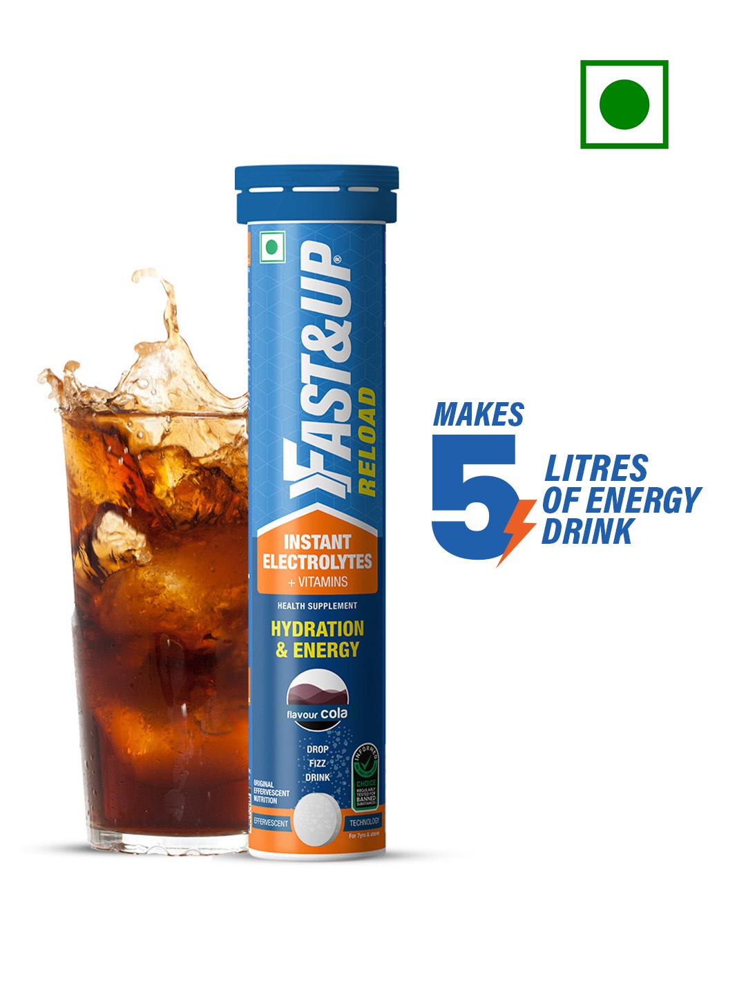 

FAST&UP Cola Flavor Reload Low Sugar Drink For Instant Hydration - 20 Tablets, Blue