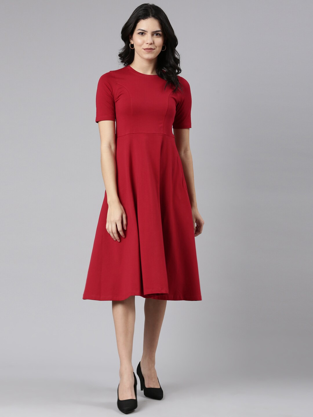 

TWIN BIRDS Women Solid Cotton Knitted Dress, Maroon