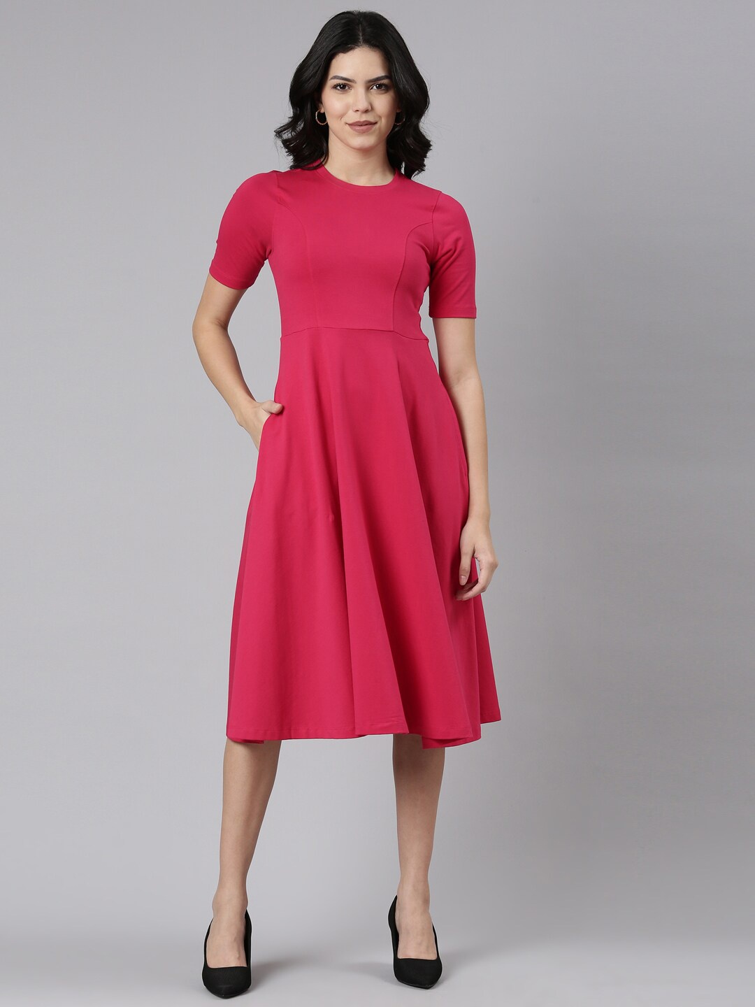 

TWIN BIRDS Cotton Knitted Midi Fit & Flare Midi Dress, Pink