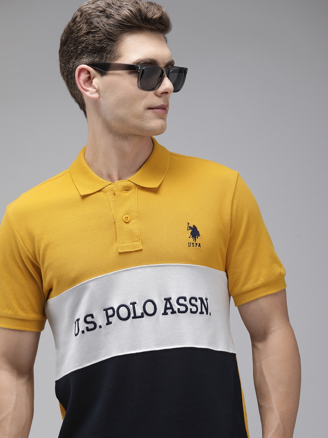 

U.S. Polo Assn. Pure Cotton Slim Fit Colourblocked Polo Collar Casual T-shirt, Mustard