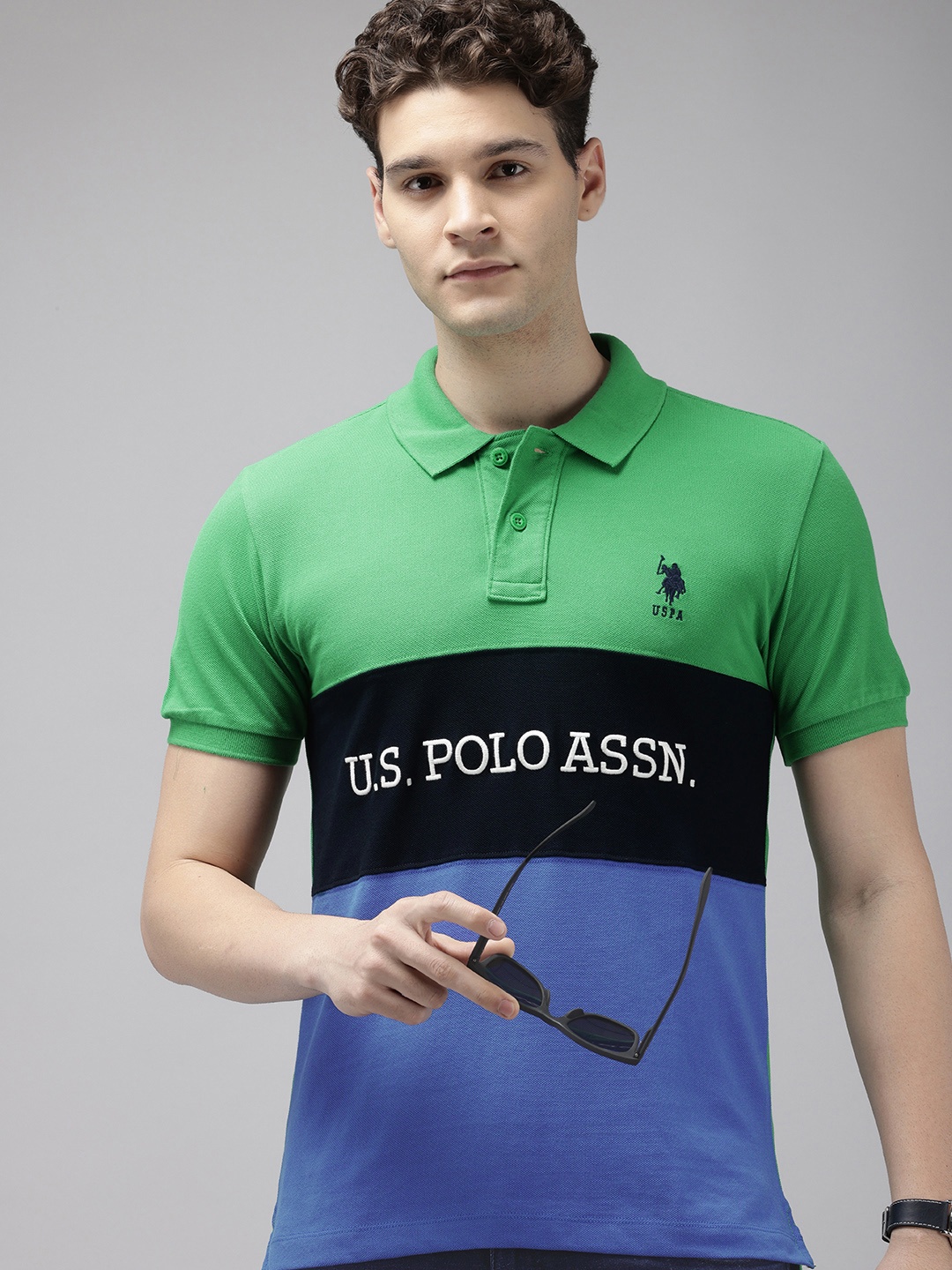 

U.S. Polo Assn. Brand Logo Colourblocked Polo Collar Pure Cotton Slim Fit T-shirt, Green