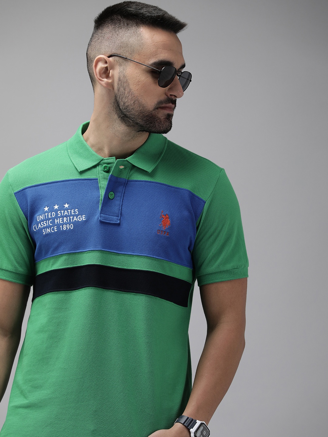 

U.S. Polo Assn. Pure Cotton Colourblocked Polo Collar Slim Fit T-shirt, Green