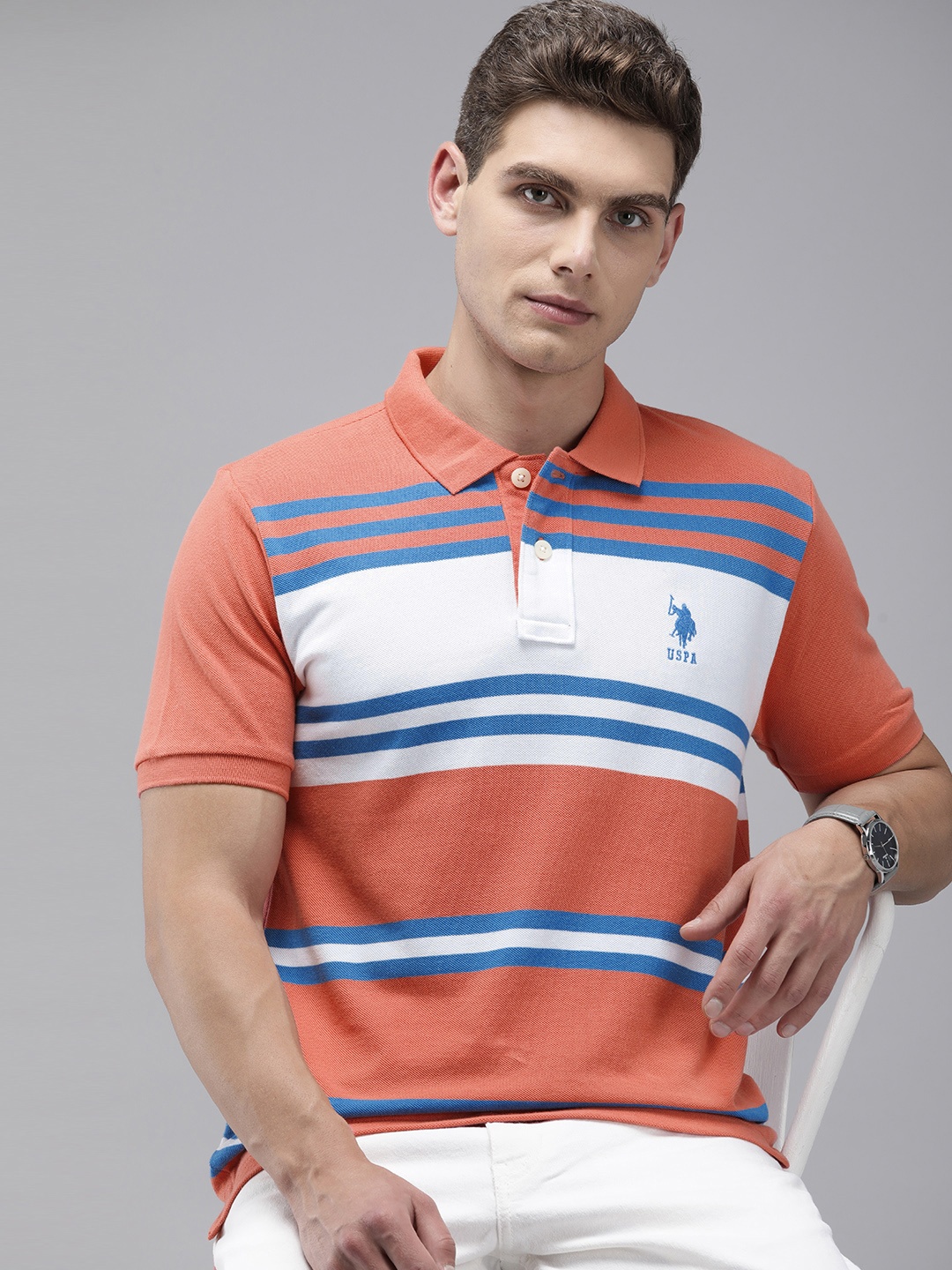 

U.S. Polo Assn. Pure Cotton Slim Fit Striped Polo Collar Casual T-shirt, Coral