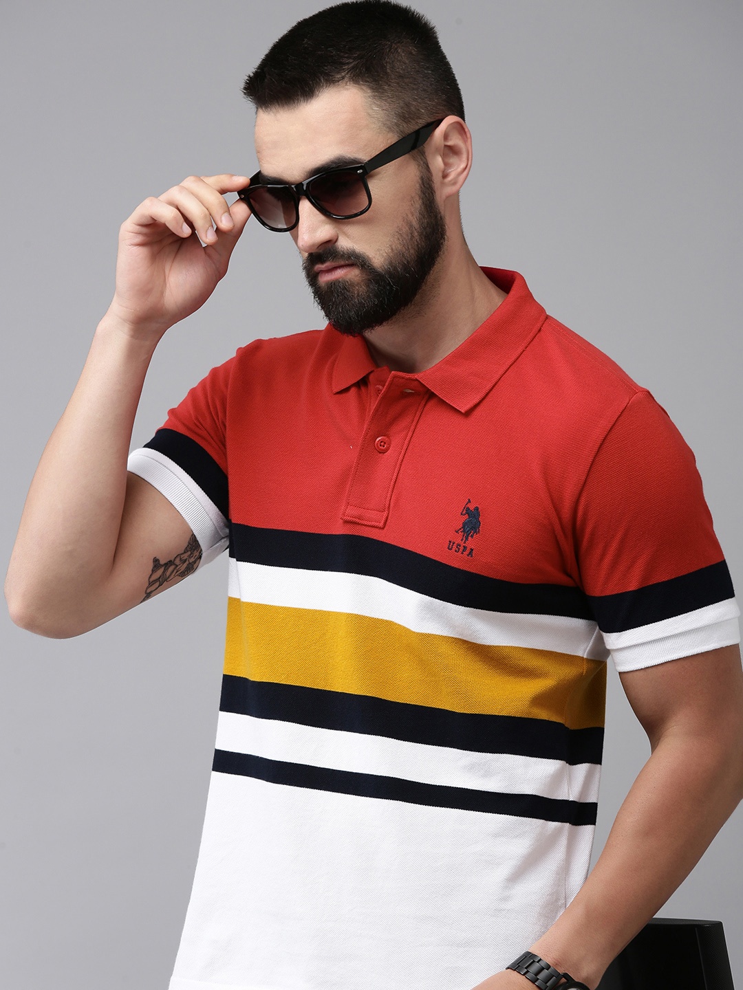 

U.S. Polo Assn. Colourblocked Polo Collar Pure Cotton Slim Fit T-shirt, Red
