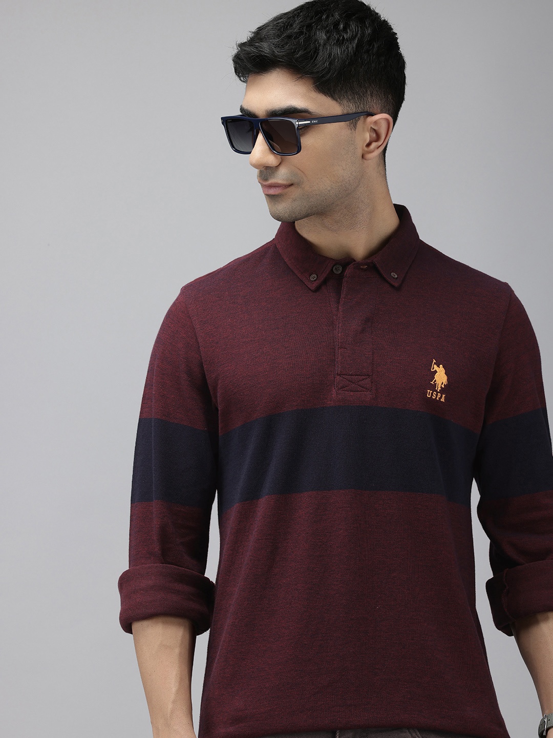 

U.S. Polo Assn. Striped Polo Collar Pure Cotton Slim Fit T-shirt, Maroon