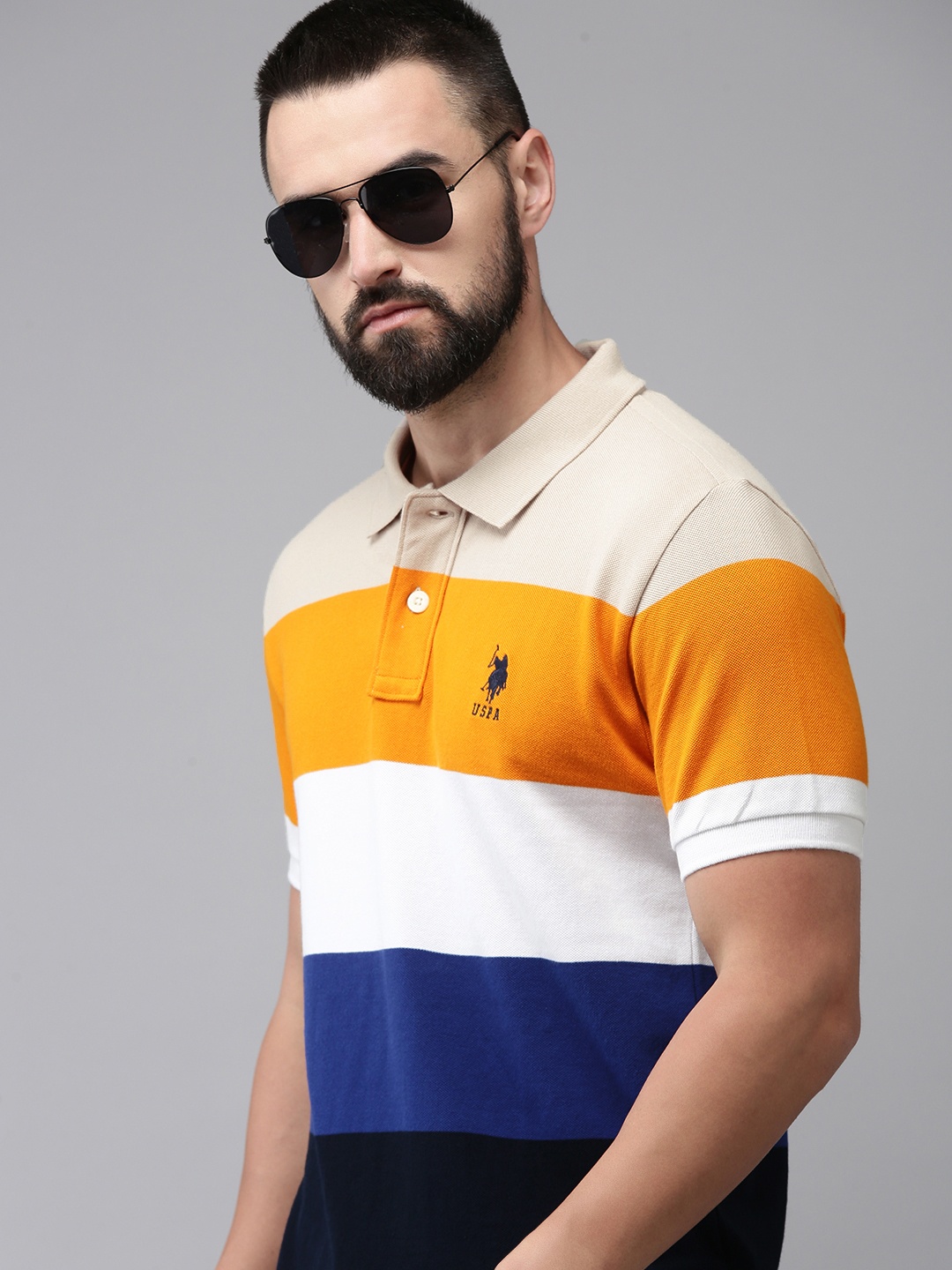 

U.S. Polo Assn. Men Striped Polo Collar Pure Cotton T-shirt, Mustard