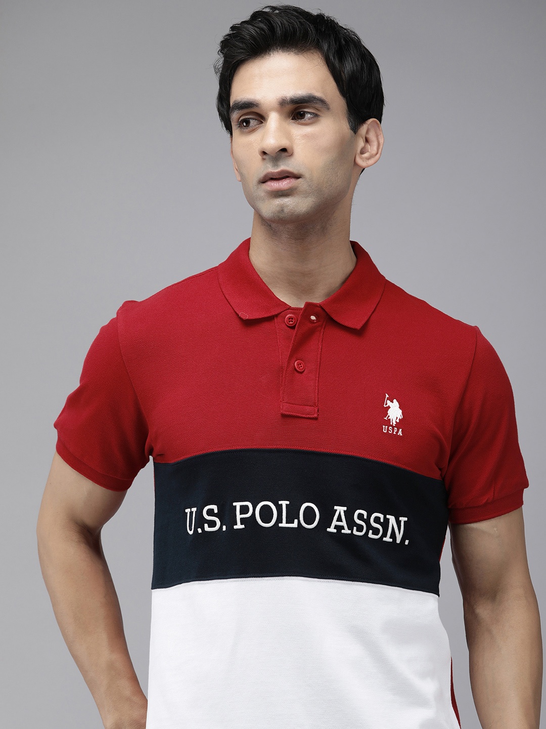 

U.S. Polo Assn. Pure Cotton Slim Fit Colourblocked Polo Collar Casual T-shirt, Red