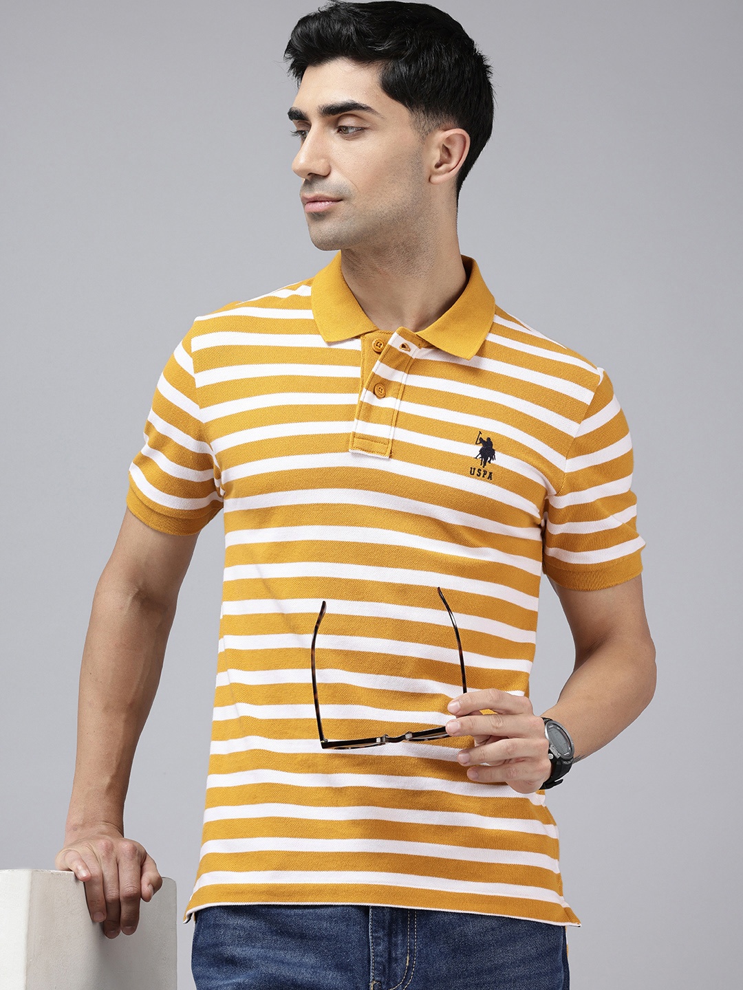 

U.S. Polo Assn. Striped Polo Collar Pure Cotton Slim Fit T-shirt, Mustard