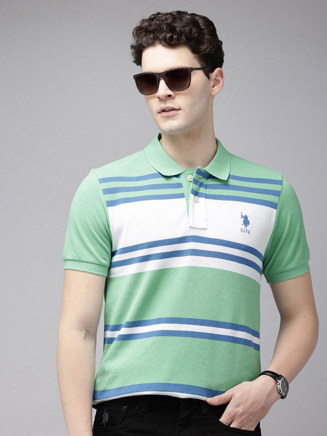 

U.S. Polo Assn. Striped Polo Collar Pure Cotton Slim Fit T-shirt, Green