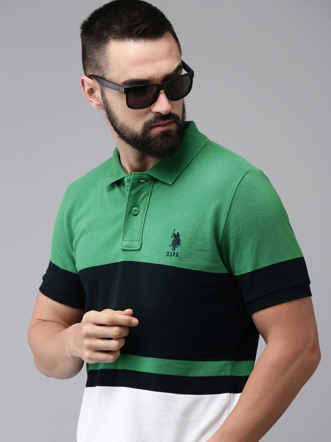 

U.S. Polo Assn. Colourblocked Polo Collar Pure Cotton Slim Fit T-shirt, Green