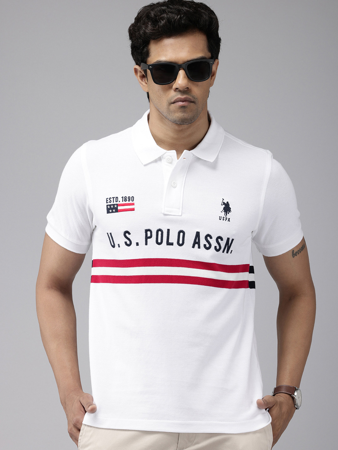 

U.S. Polo Assn. Brand Logo Embroidered Striped Polo Collar Pure Cotton Slim Fit T-shirt, White